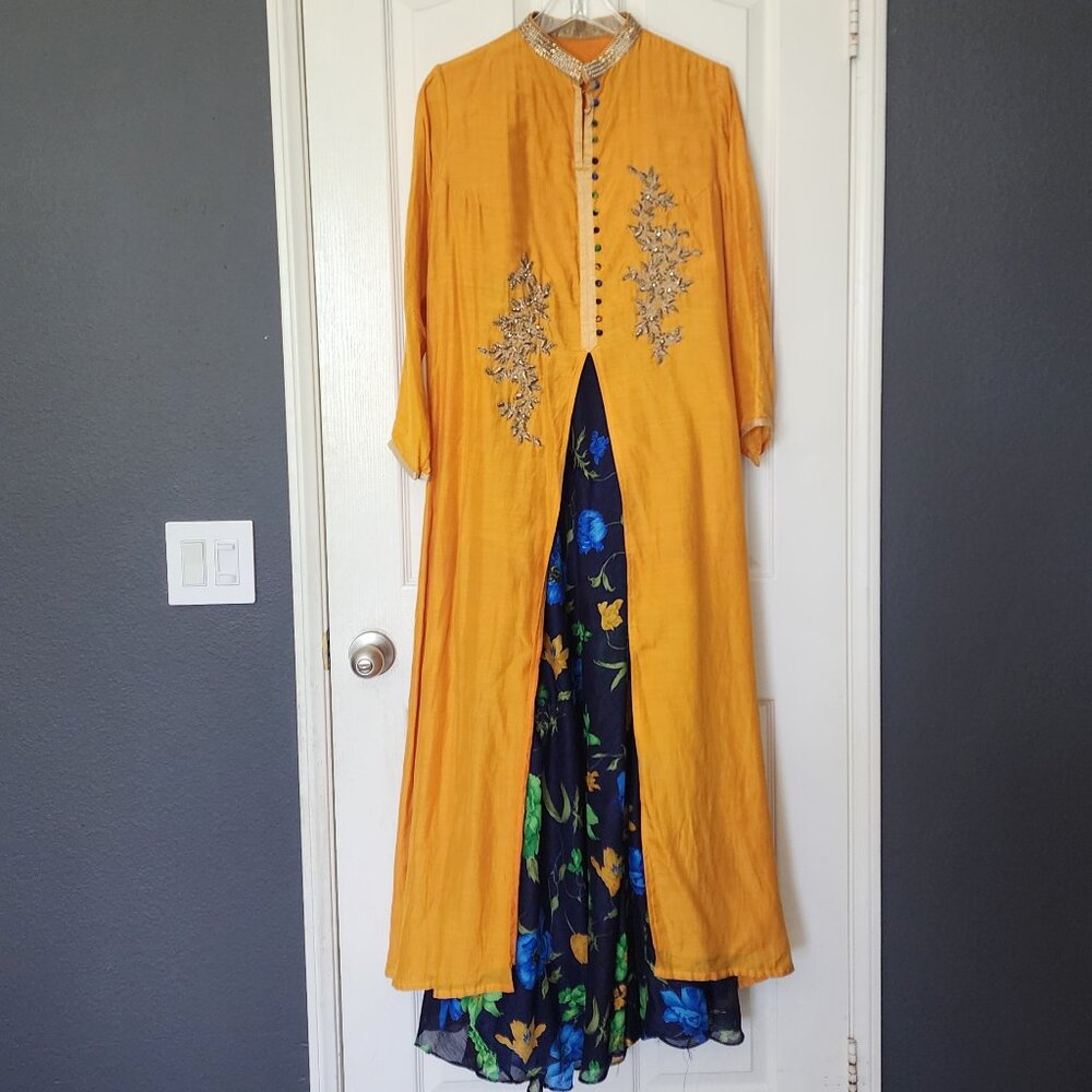 Mustard Yellow Embellished Long Jacket with Floral Maxi Dress Set